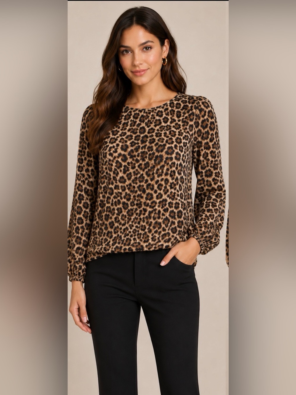White House Black Market Leopard Print Tie-Back Long Sleeve Blouse - Brown/Black